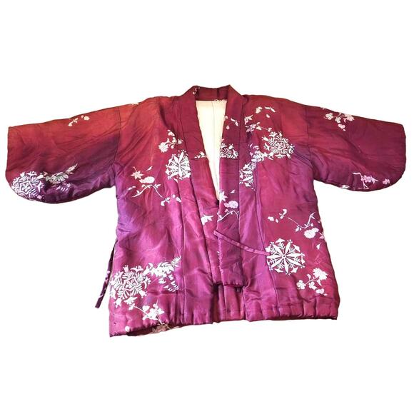Vintage Quilted Silk Kimono Jacket Floral Padded Haori Style Tie Front Large - Picture 4 of 7